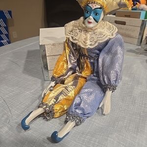 Elegant Jester Doll in Blue and Gold Costume